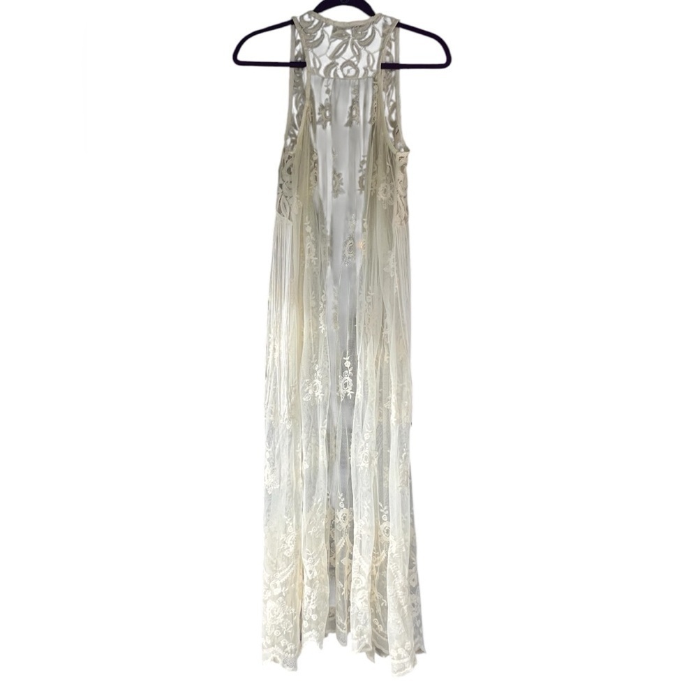 Acemi cream lace and fringe open front sleeveless gilet kimono boho festival - Picture 2 of 12
